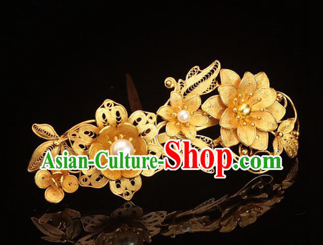 China Ancient Queen Hairpin Traditional Hair Accessories Ming Dynasty Empress Golden Lotus Hair Crown