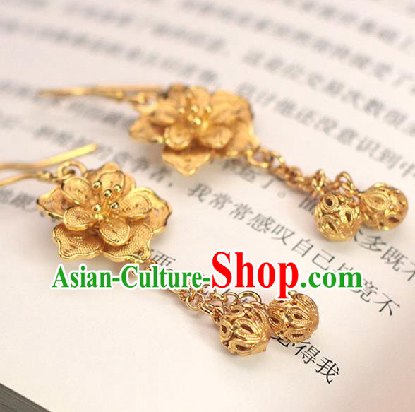 Chinese Ancient Wedding Golden Ear Accessories Traditional Ming Dynasty Court Woman Earrings