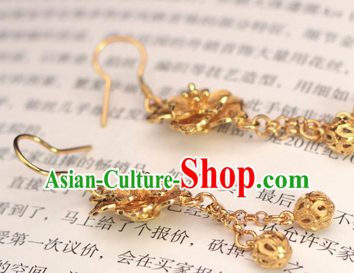 Chinese Ancient Wedding Golden Ear Accessories Traditional Ming Dynasty Court Woman Earrings