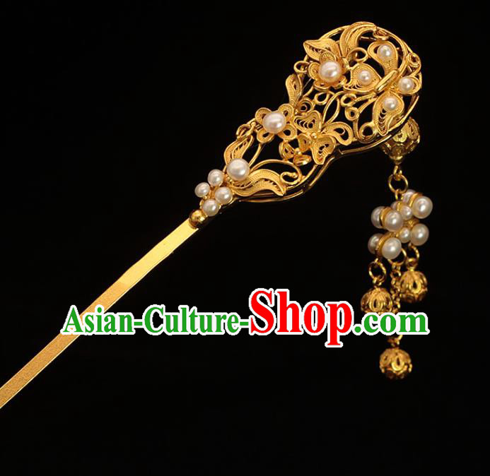 Traditional China Ming Dynasty Empress Golden Hair Stick Ancient Court Woman Pearls Tassel Hairpin