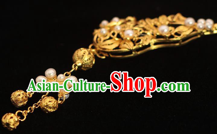 Traditional China Ming Dynasty Empress Golden Hair Stick Ancient Court Woman Pearls Tassel Hairpin