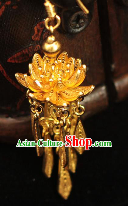 Chinese Ancient Princess Golden Lotus Ear Accessories Traditional Ming Dynasty Court Earrings