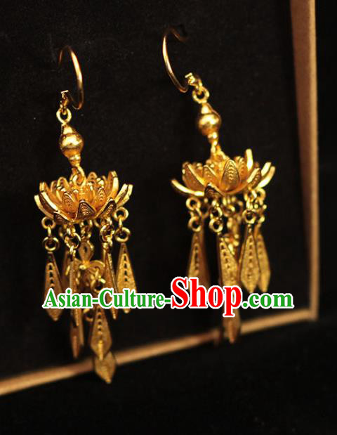 Chinese Ancient Princess Golden Lotus Ear Accessories Traditional Ming Dynasty Court Earrings