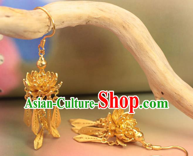 Chinese Ancient Princess Golden Lotus Ear Accessories Traditional Ming Dynasty Court Earrings