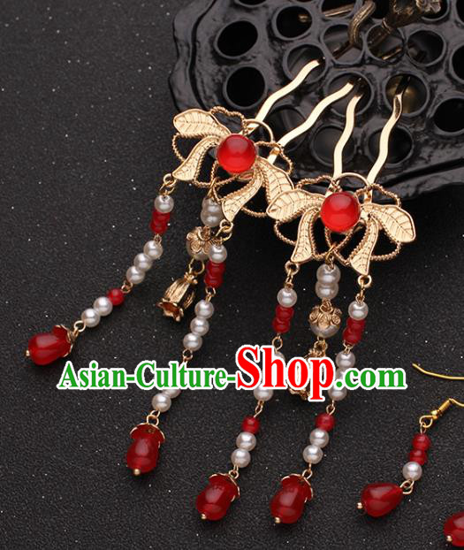 China Ancient Princess Hair Accessories Traditional Hanfu Red Beads Tassel Hairpins