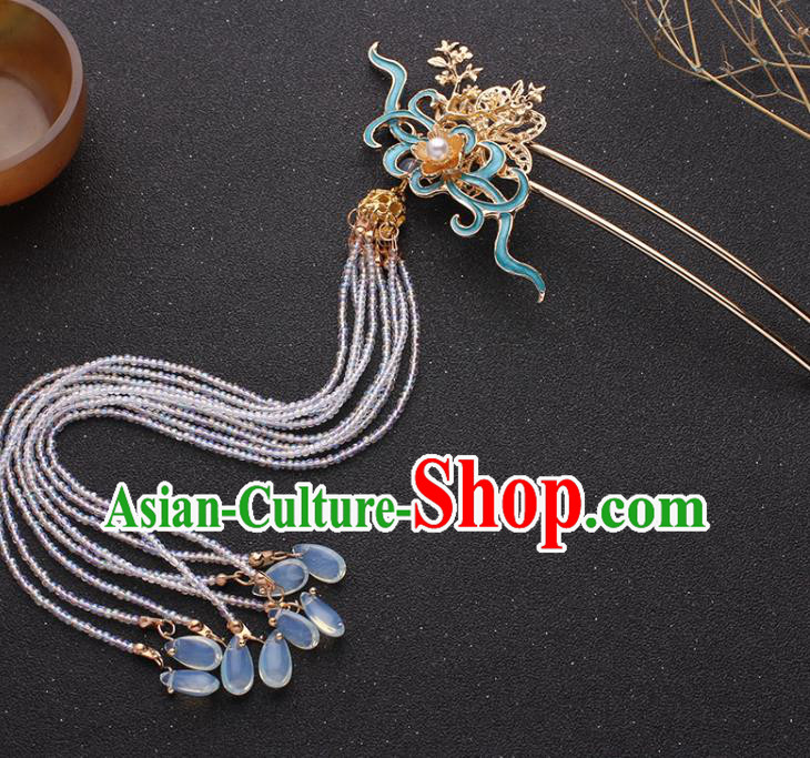 Traditional China Ming Dynasty Blueing Hair Stick Ancient Princess Beads Tassel Hairpin
