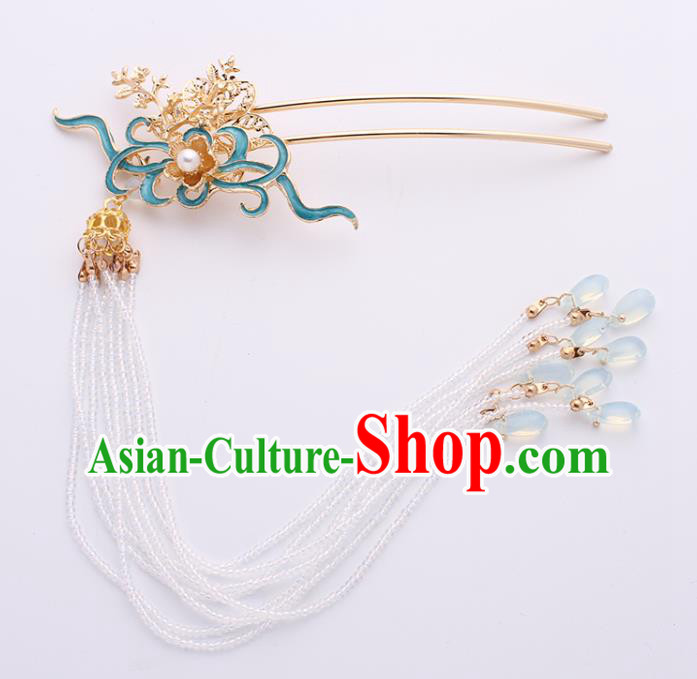 Traditional China Ming Dynasty Blueing Hair Stick Ancient Princess Beads Tassel Hairpin
