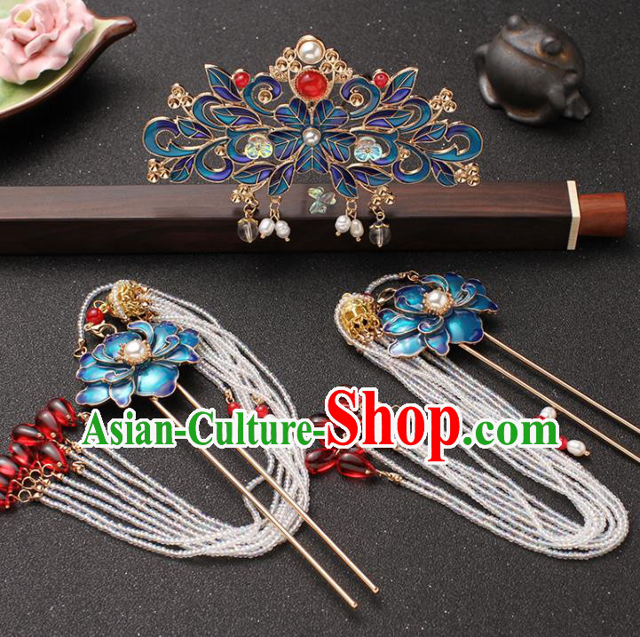 Traditional China Ming Dynasty Blueing Peony Hair Stick Ancient Princess Tassel Hairpin and Hair Crown