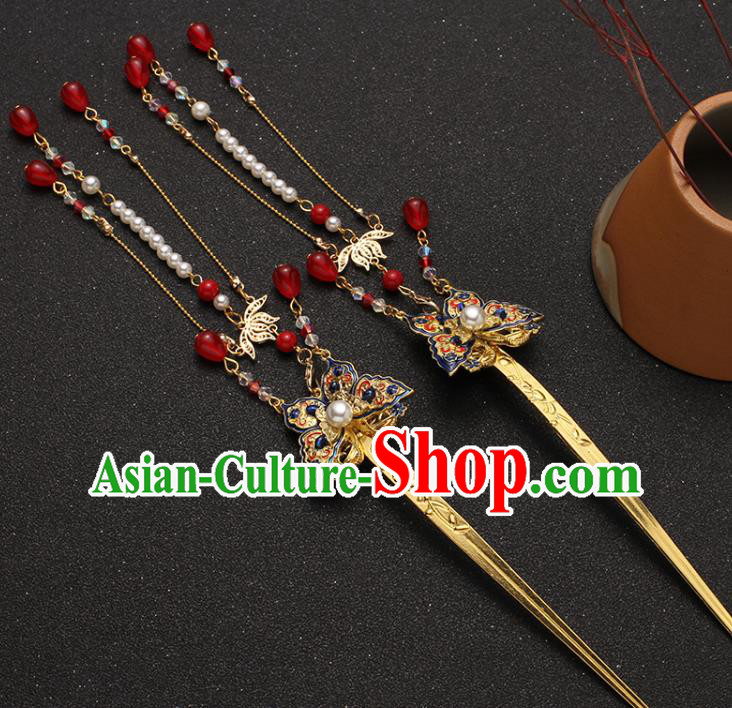 Traditional China Ancient Princess Tassel Hairpin Ming Dynasty Blueing Butterfly Hair Stick