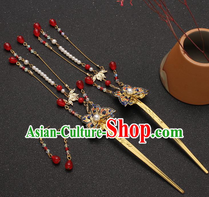 Traditional China Ancient Princess Tassel Hairpin Ming Dynasty Blueing Butterfly Hair Stick