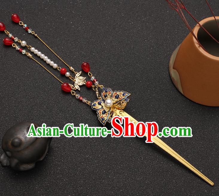 Traditional China Ancient Princess Tassel Hairpin Ming Dynasty Blueing Butterfly Hair Stick