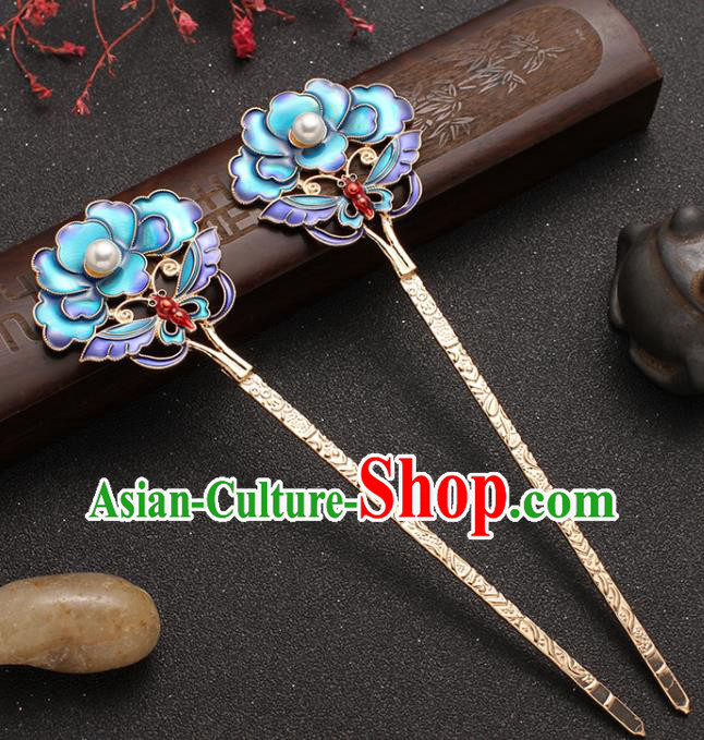 Traditional China Ancient Imperial Concubine Hairpin Ming Dynasty Blueing Peony Hair Stick