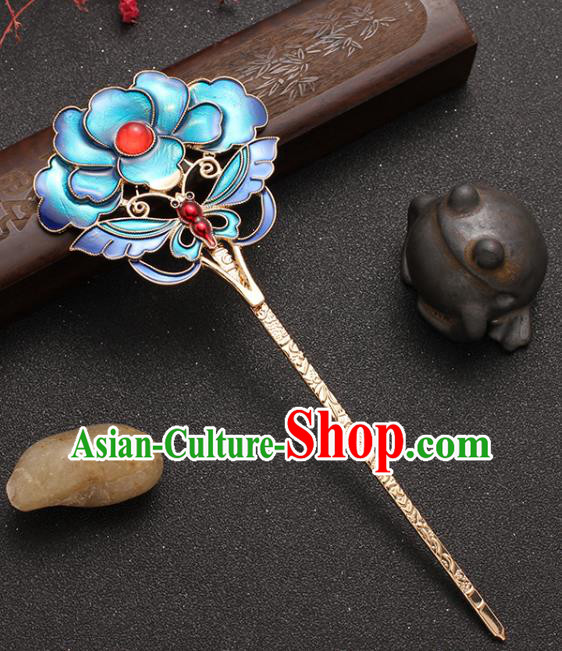 Traditional China Ancient Imperial Concubine Hairpin Ming Dynasty Blueing Peony Hair Stick