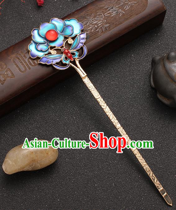 Traditional China Ancient Imperial Concubine Hairpin Ming Dynasty Blueing Peony Hair Stick