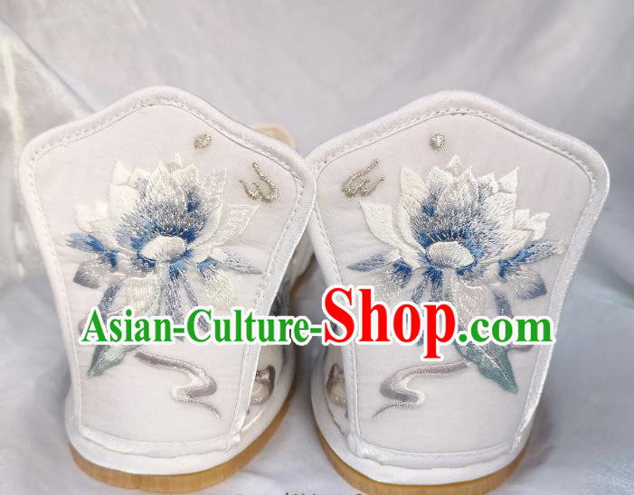 Handmade Chinese Traditional Han Dynasty Princess Shoes White Satin Shoes Embroidered Epiphyllum Shoes