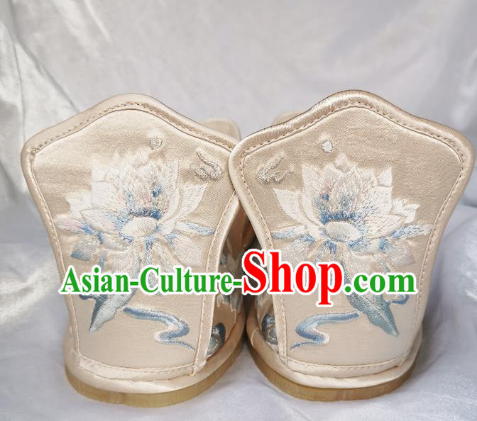 Handmade Chinese Embroidered Epiphyllum Shoes Light Golden Satin Shoes Traditional Han Dynasty Princess Shoes