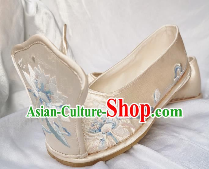 Handmade Chinese Embroidered Epiphyllum Shoes Light Golden Satin Shoes Traditional Han Dynasty Princess Shoes