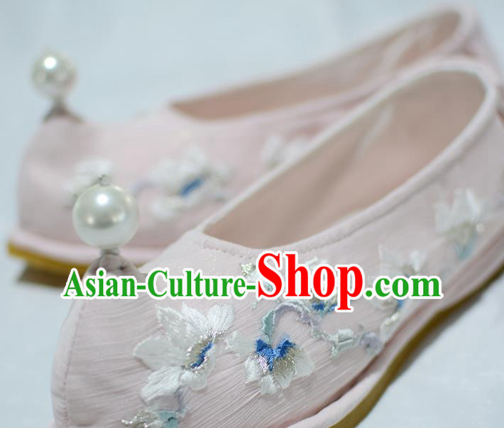 Handmade Chinese Embroidered Mangnolia Shoes Pink Satin Shoes Traditional Hanfu Princess Shoes