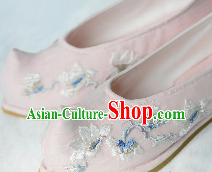 Handmade Chinese Embroidered Mangnolia Shoes Pink Satin Shoes Traditional Hanfu Princess Shoes