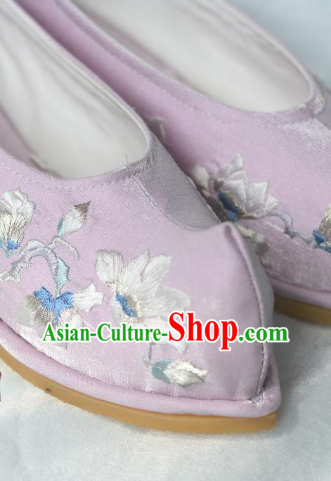 Handmade Chinese Traditional Hanfu Bow Shoes Ancient Princess Lilac Satin Shoes Embroidered Mangnolia Shoes