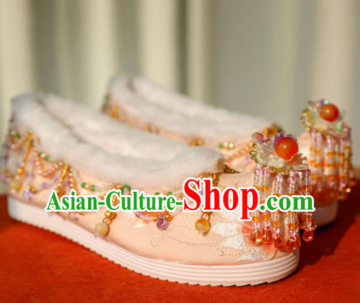 Handmade Chinese Traditional Hanfu Shoes Embroidered Shoes Ancient Princess Beads Tassel Shoes