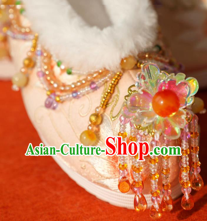 Handmade Chinese Traditional Hanfu Shoes Embroidered Shoes Ancient Princess Beads Tassel Shoes