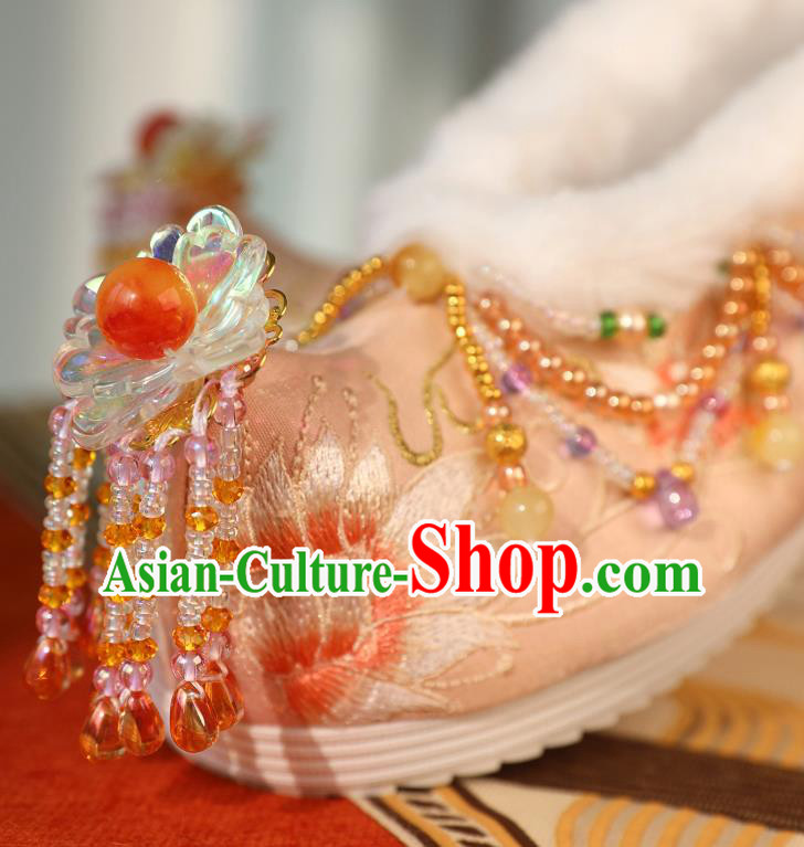 Handmade Chinese Traditional Hanfu Shoes Embroidered Shoes Ancient Princess Beads Tassel Shoes
