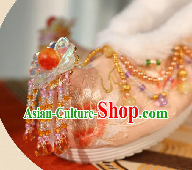Handmade Chinese Traditional Hanfu Shoes Embroidered Shoes Ancient Princess Beads Tassel Shoes