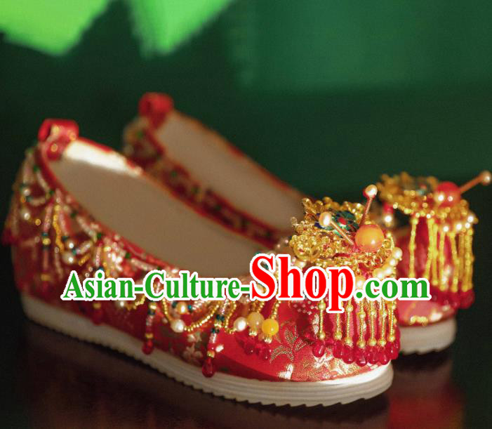 Handmade Chinese Embroidered Shoes Ancient Princess Red Shoes Traditional Hanfu Wedding Shoes