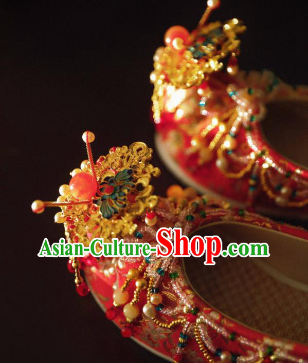 Handmade Chinese Embroidered Shoes Ancient Princess Red Shoes Traditional Hanfu Wedding Shoes