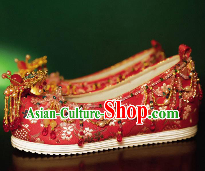 Handmade Chinese Embroidered Shoes Ancient Princess Red Shoes Traditional Hanfu Wedding Shoes