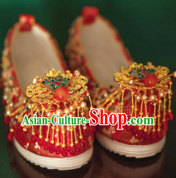 Handmade Chinese Embroidered Shoes Ancient Princess Red Shoes Traditional Hanfu Wedding Shoes