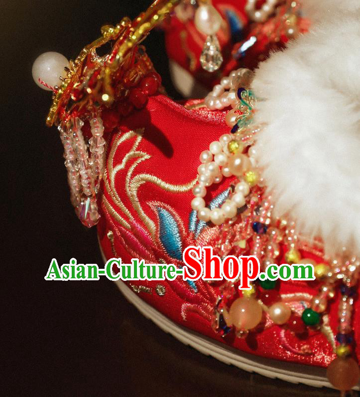 Handmade Chinese Beads Tassel Embroidered Shoes Ancient Princess Shoes Traditional Hanfu Enamel Phoenix Shoes