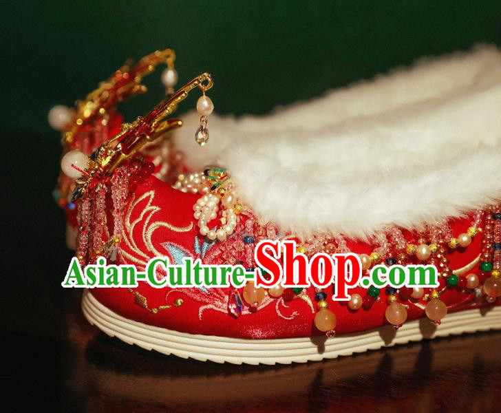 Handmade Chinese Beads Tassel Embroidered Shoes Ancient Princess Shoes Traditional Hanfu Enamel Phoenix Shoes