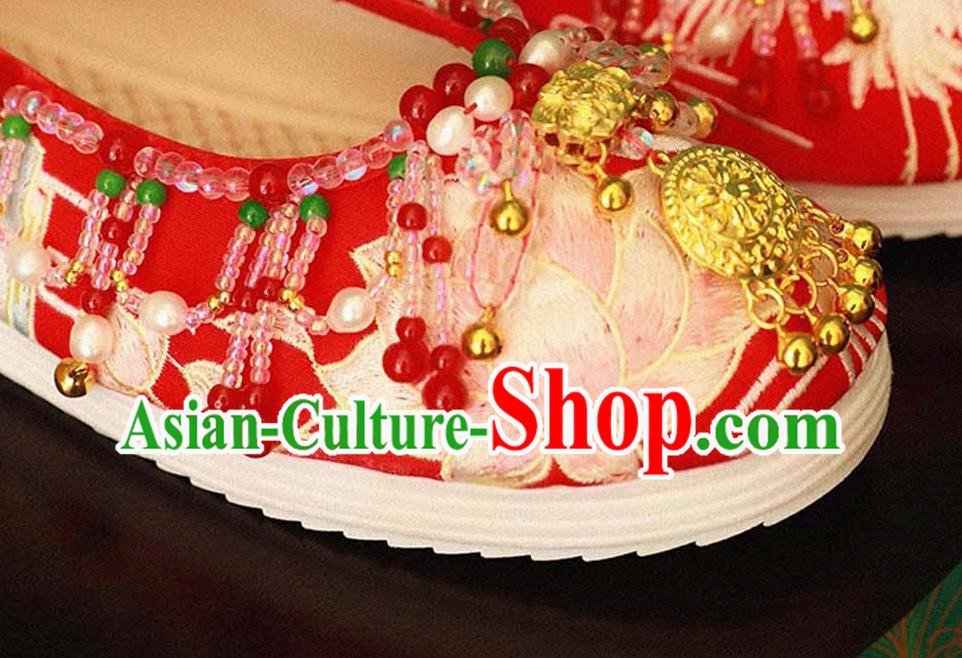 Handmade Chinese Embroidered Lotus Shoes Ancient Princess Red Shoes Traditional Hanfu Wedding Shoes