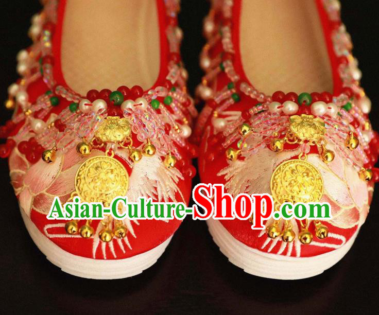 Handmade Chinese Embroidered Lotus Shoes Ancient Princess Red Shoes Traditional Hanfu Wedding Shoes