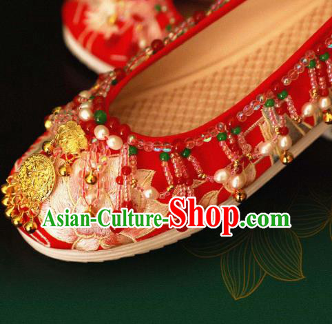 Handmade Chinese Embroidered Lotus Shoes Ancient Princess Red Shoes Traditional Hanfu Wedding Shoes