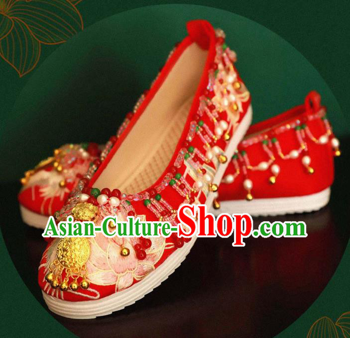 Handmade Chinese Embroidered Lotus Shoes Ancient Princess Red Shoes Traditional Hanfu Wedding Shoes