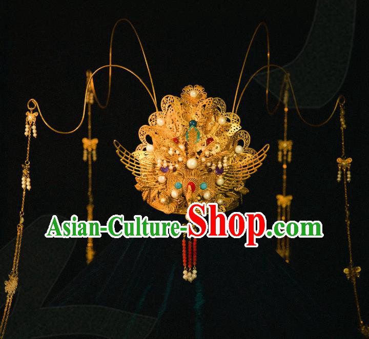 China Ancient Traditional Wedding Hair Accessories Empress Golden Hair Crown Ming Dynasty Phoenix Coronet