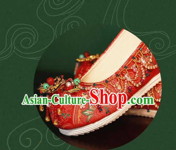Handmade Chinese Traditional Hanfu Wedding Shoes Red Embroidered Shoes Ancient Princess Satin Shoes