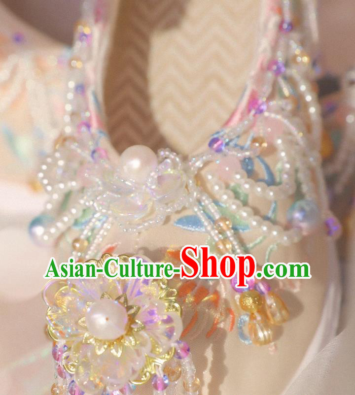 Handmade Chinese Traditional Hanfu Beads Tassel Shoes Ancient Princess Satin Shoes Beige Embroidered Shoes