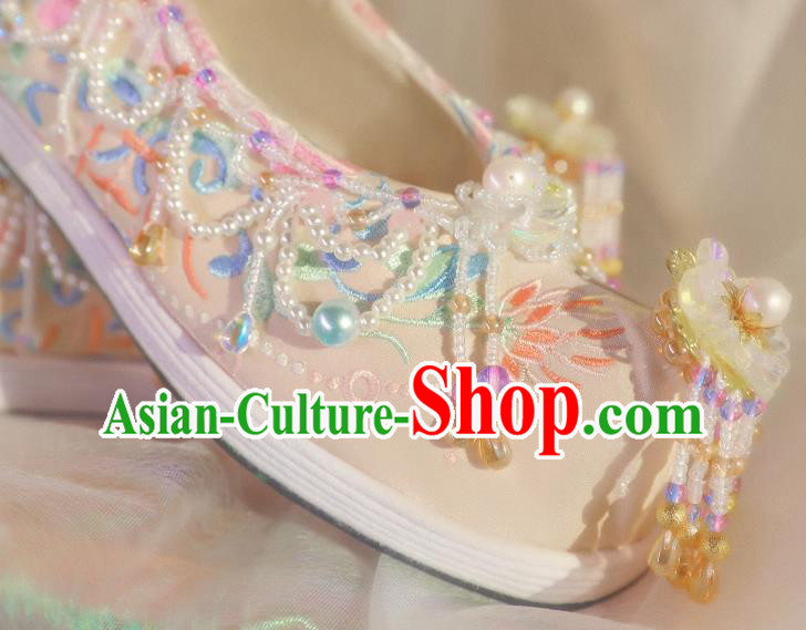 Handmade Chinese Traditional Hanfu Beads Tassel Shoes Ancient Princess Satin Shoes Beige Embroidered Shoes