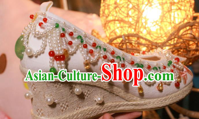 Chinese Wedge Heel Shoes Handmade Beads Tassel Shoes Traditional Embroidered Shoes