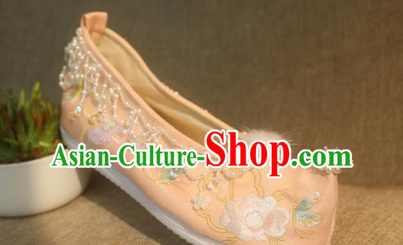 Chinese Champagne Satin Shoes Handmade Beads Tassel Shoes Traditional Embroidered Peony Shoes