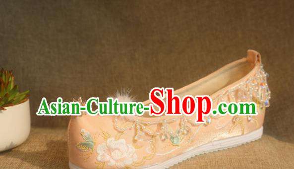 Chinese Champagne Satin Shoes Handmade Beads Tassel Shoes Traditional Embroidered Peony Shoes