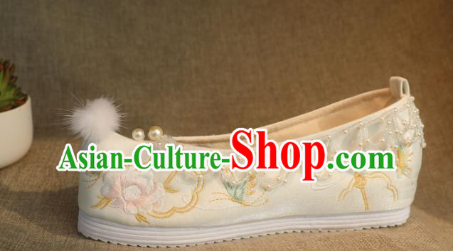 Chinese Beige Satin Shoes Traditional Embroidered Peony Shoes Handmade Beads Tassel Shoes