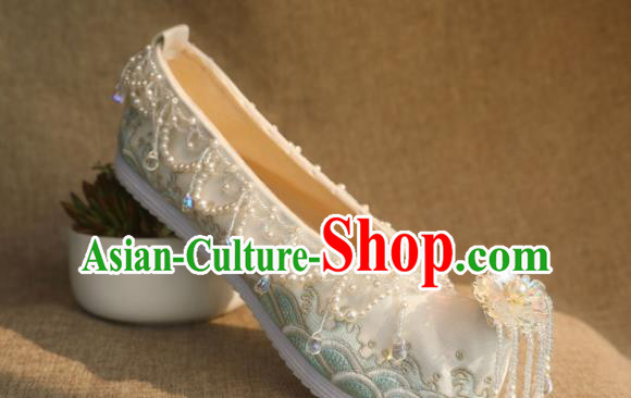 Chinese Traditional Embroidered Shoes Hanfu Beads Tassel Shoes Handmade White Satin Shoes
