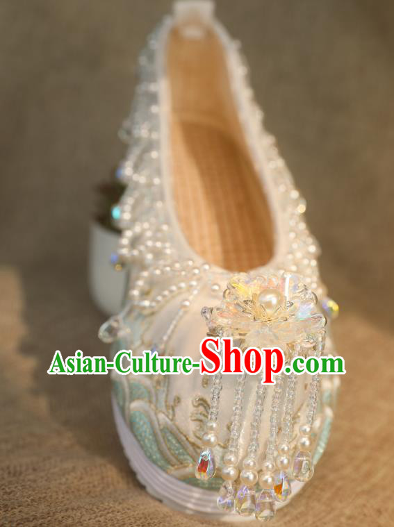 Chinese Traditional Embroidered Shoes Hanfu Beads Tassel Shoes Handmade White Satin Shoes