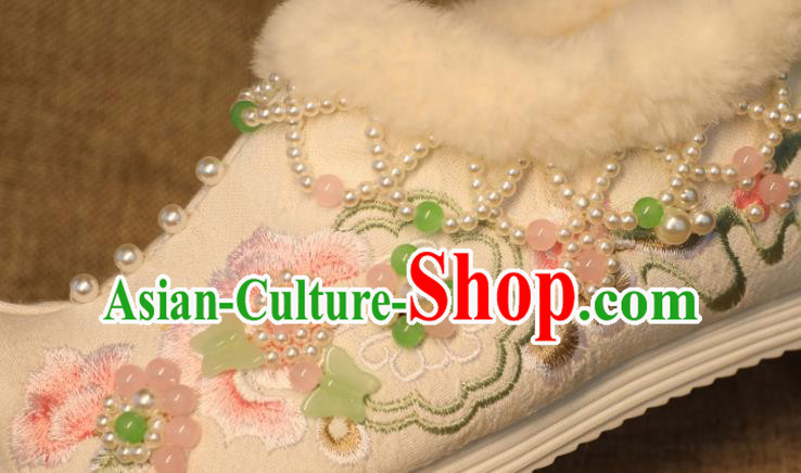 Chinese Handmade Hanfu Winter Shoes Jade Butterfly Shoes Traditional Embroidered Shoes