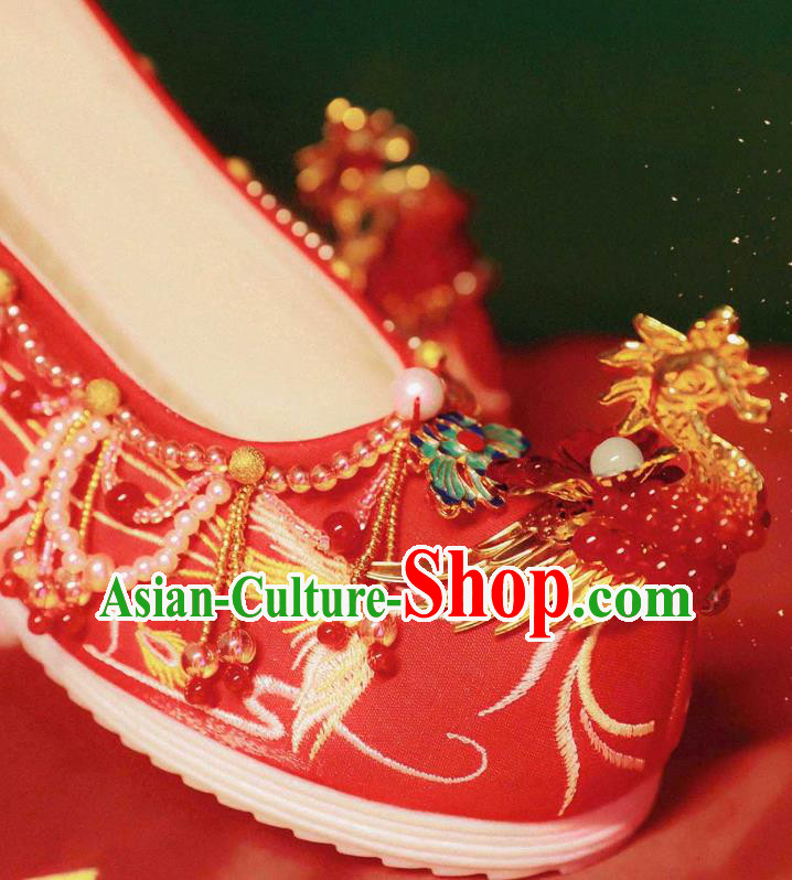 Handmade Chinese Ancient Princess Shoes Traditional Hanfu Red Satin Shoes Embroidered Phoenix Shoes
